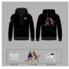 Black RDU Wear hoodie, front and back views, with kangaroo and dog graphic on the back and Australia sleeve logo
